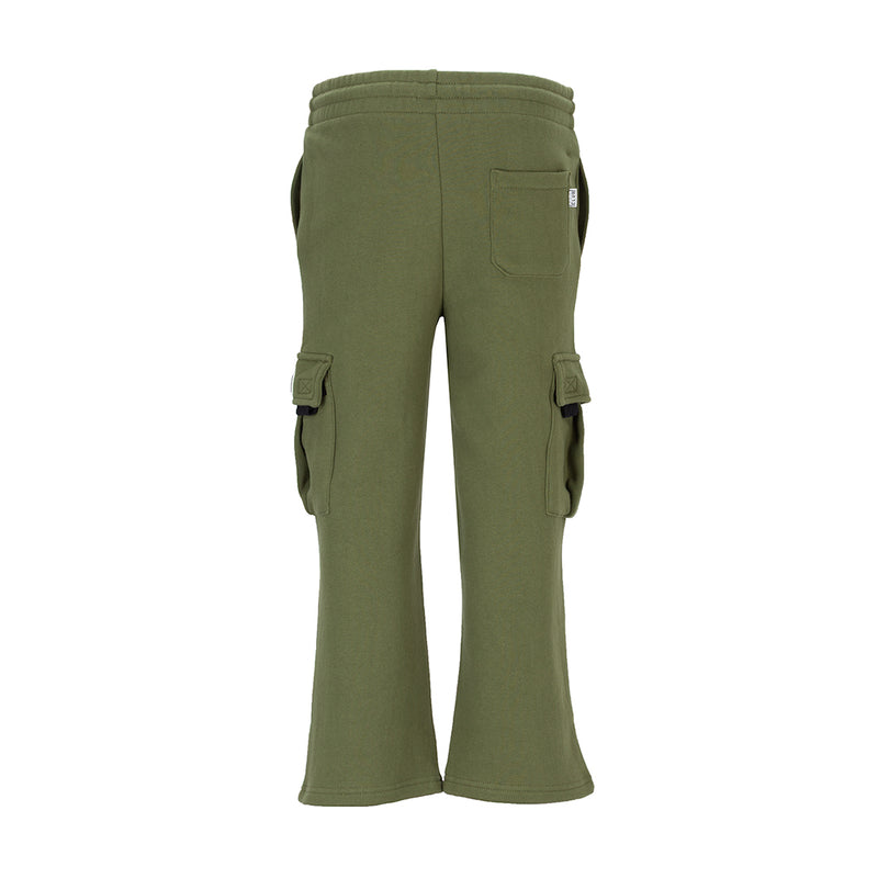 Youth olive fleece cargo sweatpants with cargo pockets and back seam detail