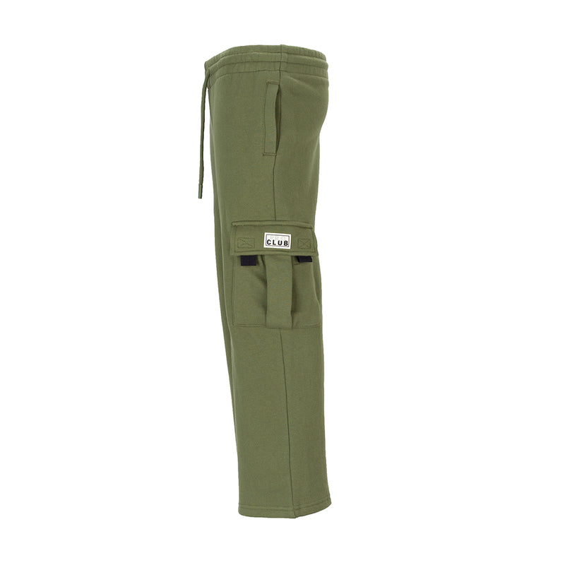 Youth olive fleece cargo sweatpants with side cargo pocket and logo label