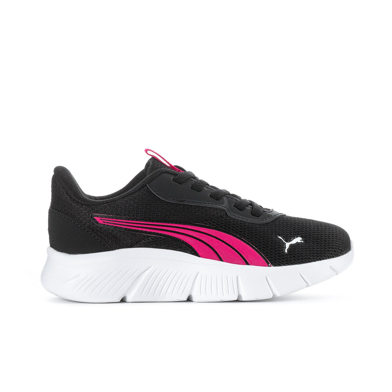 Kids black athletic sneaker with pink stripe, white sole and Puma logo