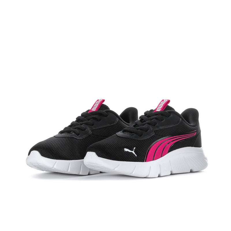 Pair of kids black athletic sneakers with pink Puma stripe and cushioned white sole