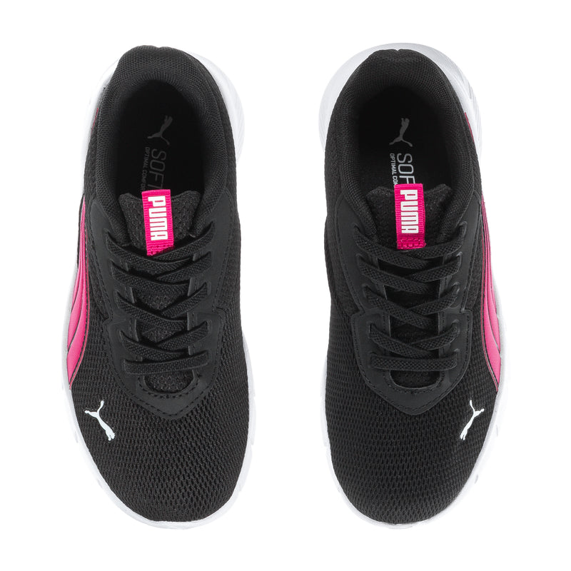 Kids black sneakers with pink logo label on tongue and lace-up front