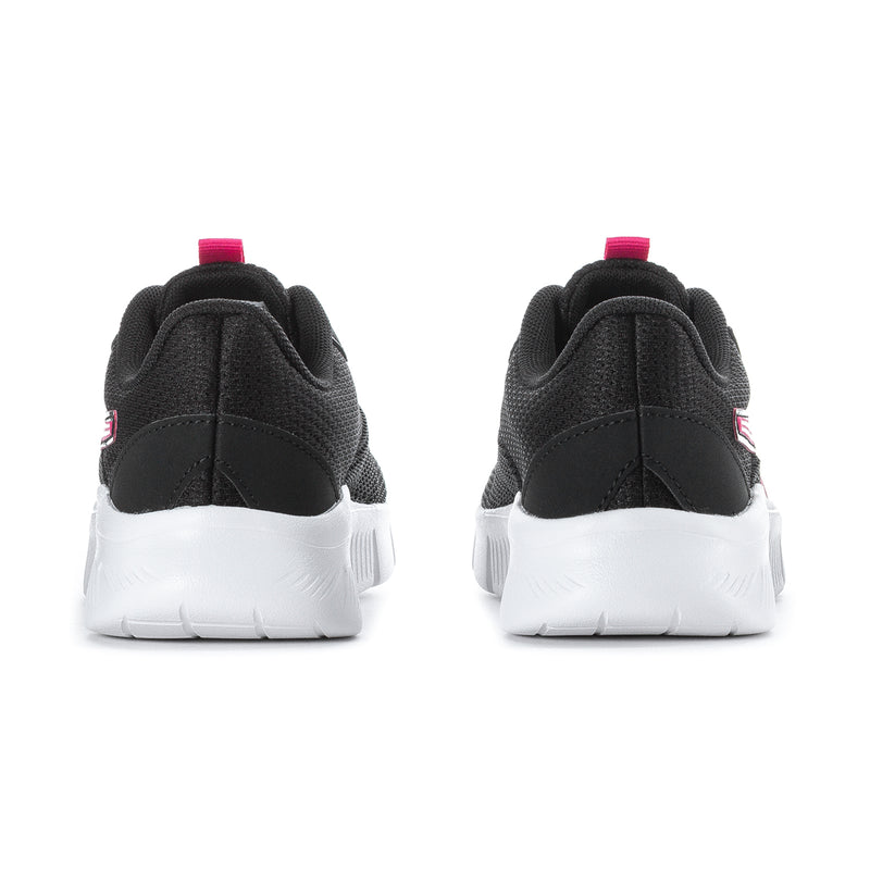 Kids black sneakers with white heel wrap and pink heel tab
