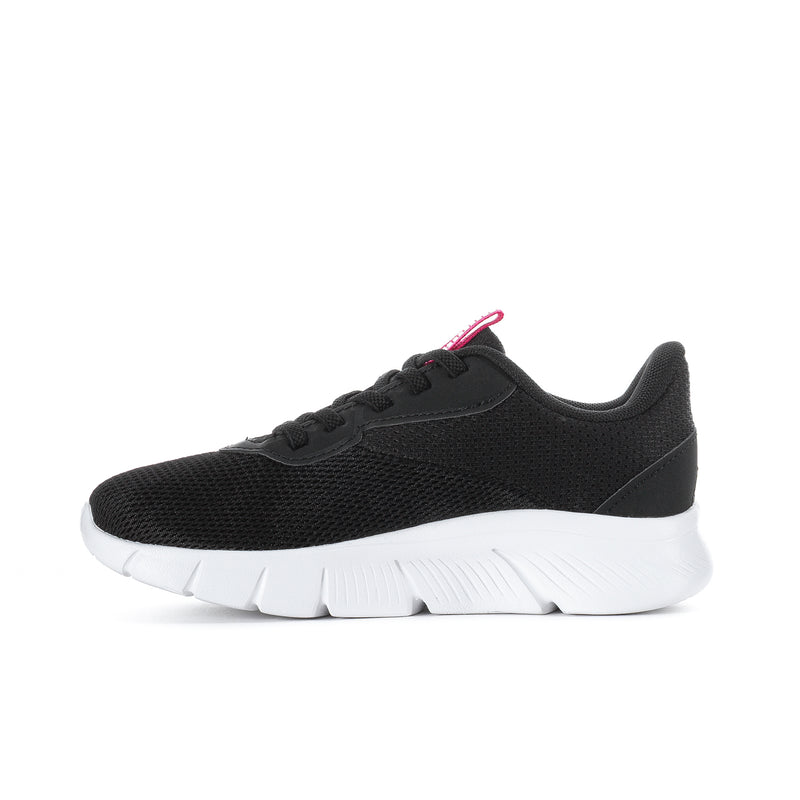 Kids black low-top sneaker with pink accent top collar and white cushioned sole