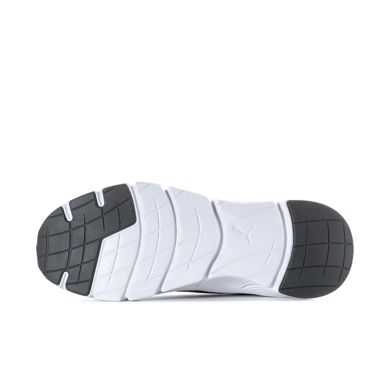 Men's white running shoe outsole view with black tread pads