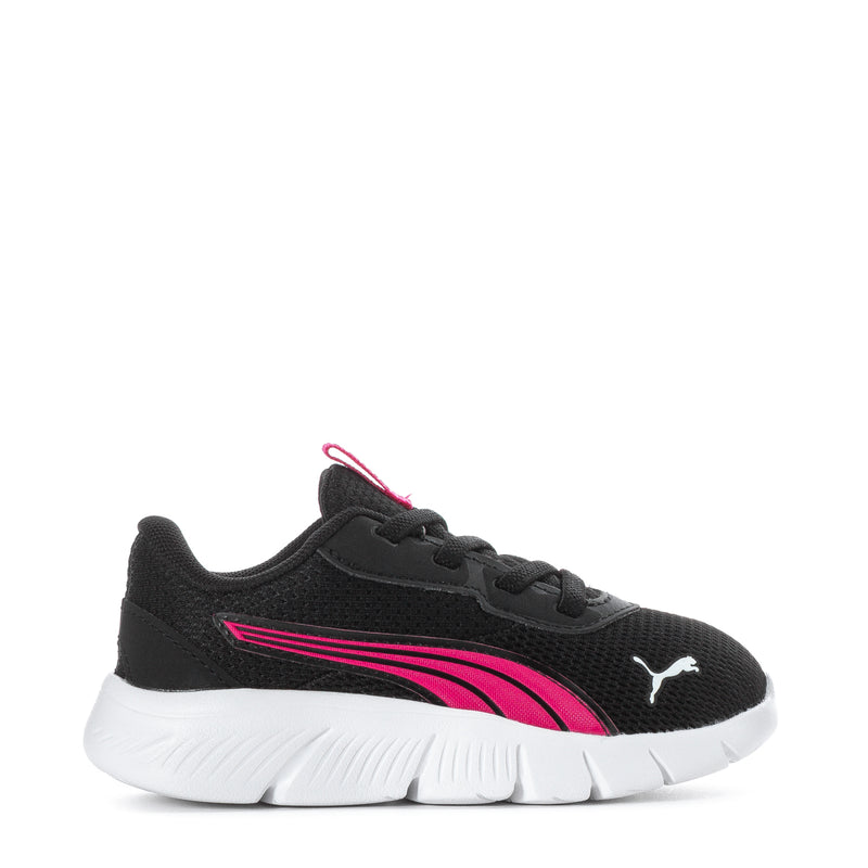 Black toddler sneakers with pink stripe and white cushioned sole