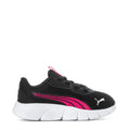 Black toddler sneakers with pink stripe and white cushioned sole