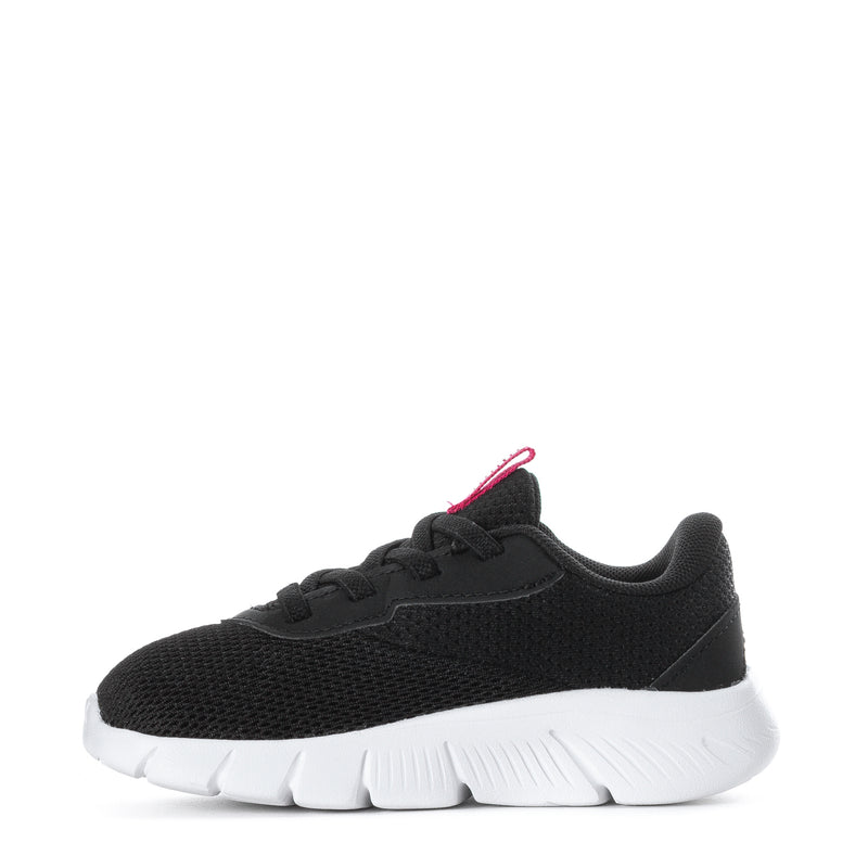Black toddler sneakers, lace-up with white sole and pink accent tab