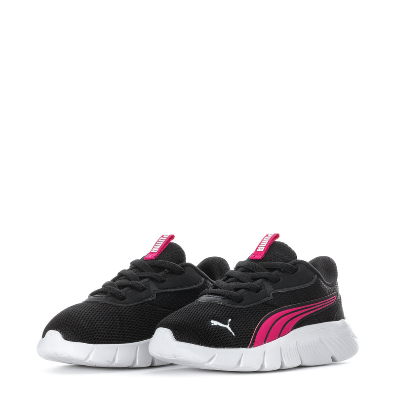 Pair of black toddler sneakers with pink side stripe and white sole