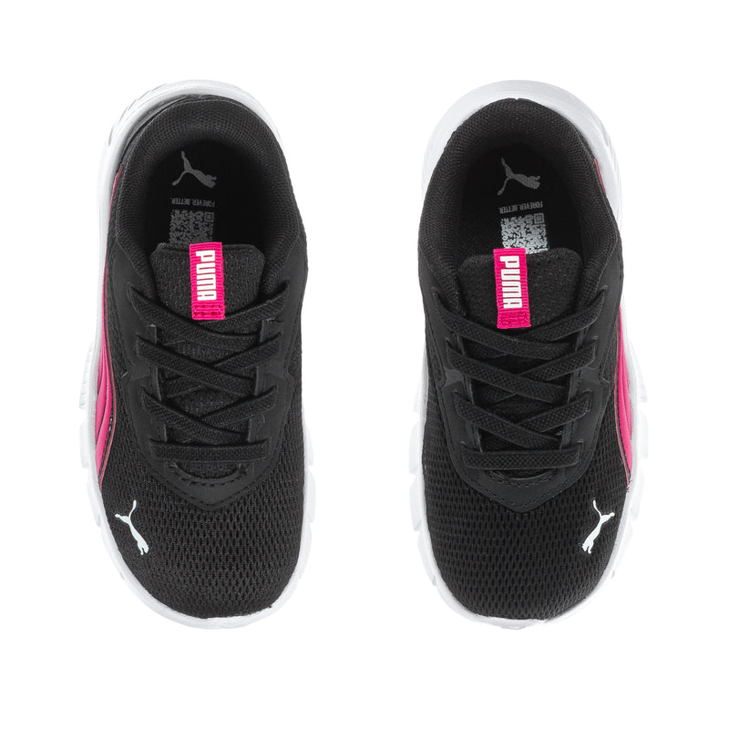 Black toddler sneakers, tongue label and Puma logo with pink heel accents