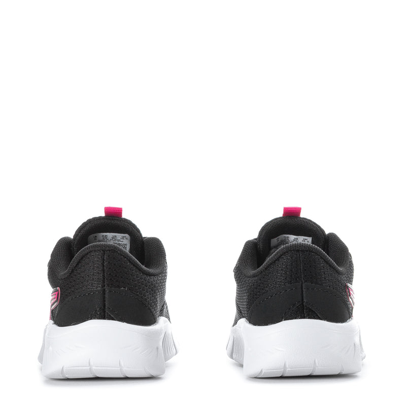 Black toddler sneakers with white sole and pink heel tab, rear view