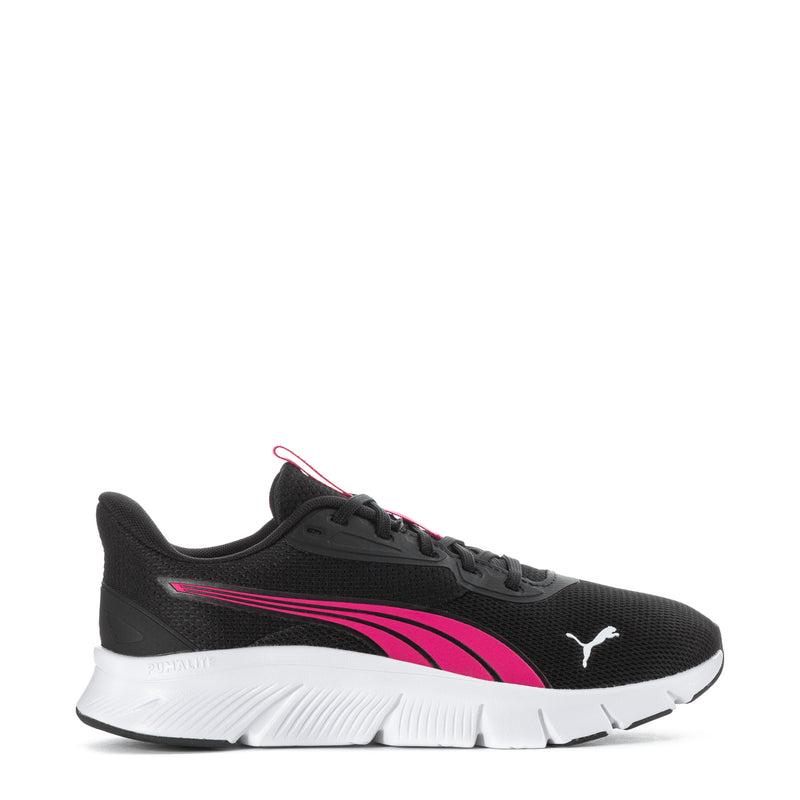 Youth black running shoes with pink Puma logo and white midsole