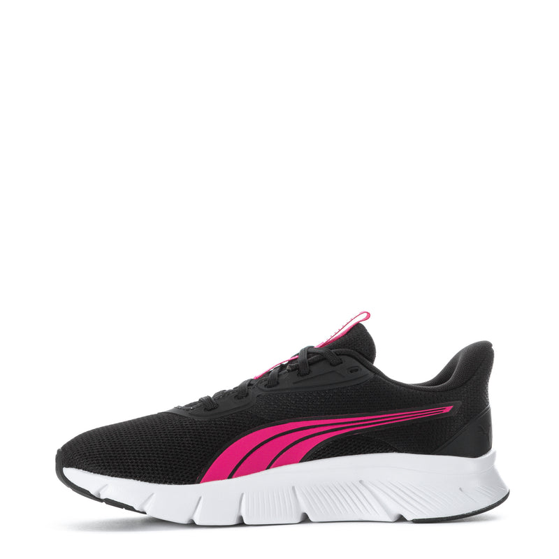 Youth black sneaker with pink side stripe, white midsole, and Puma on side