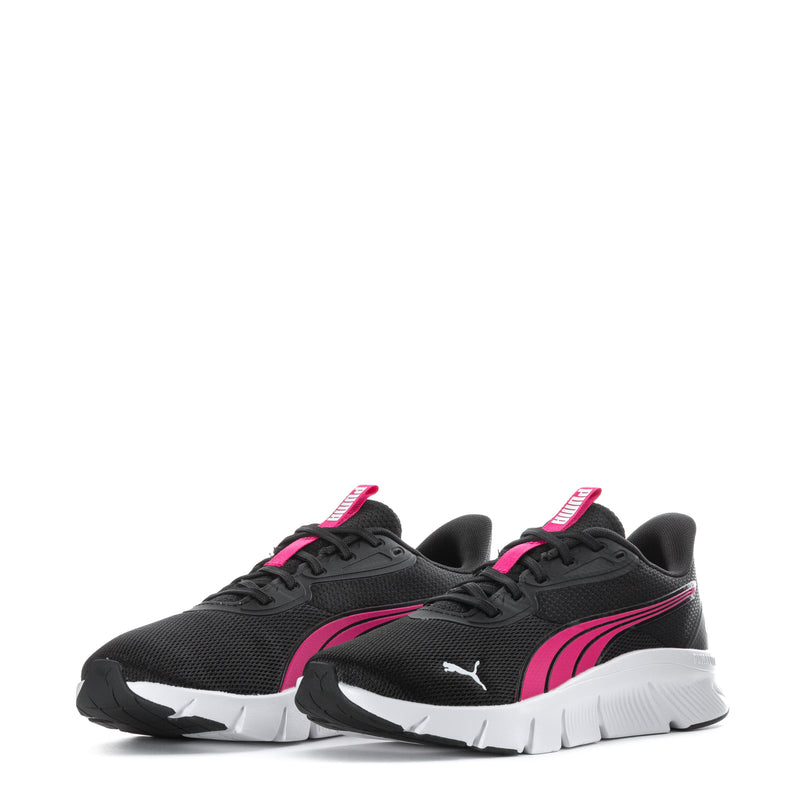 Youth black sneakers with pink accents, lace-up front, and white cushioned sole