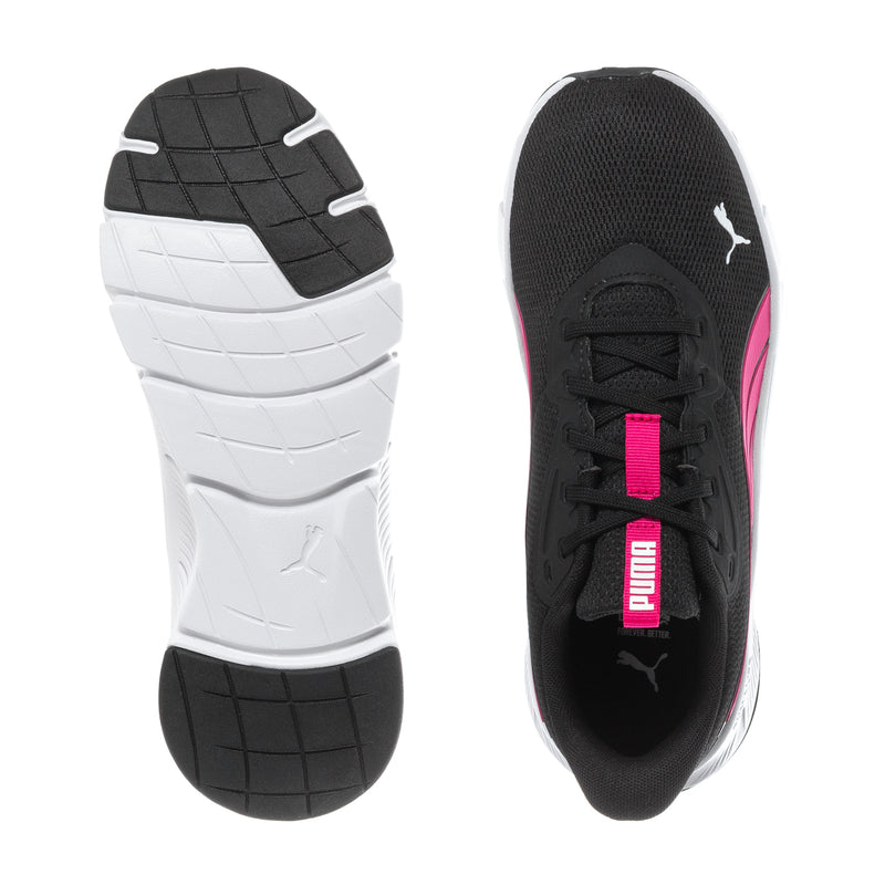 Youth black-and-pink sneakers with treaded white outsole and Puma on upper