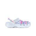Youth slip-on clog shoes with white base and rainbow cartoon print upper