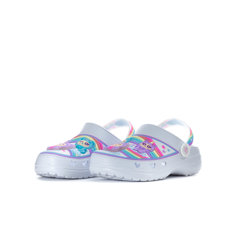 Youth slip-on clog shoes, white sole with colorful rainbow cartoon upper