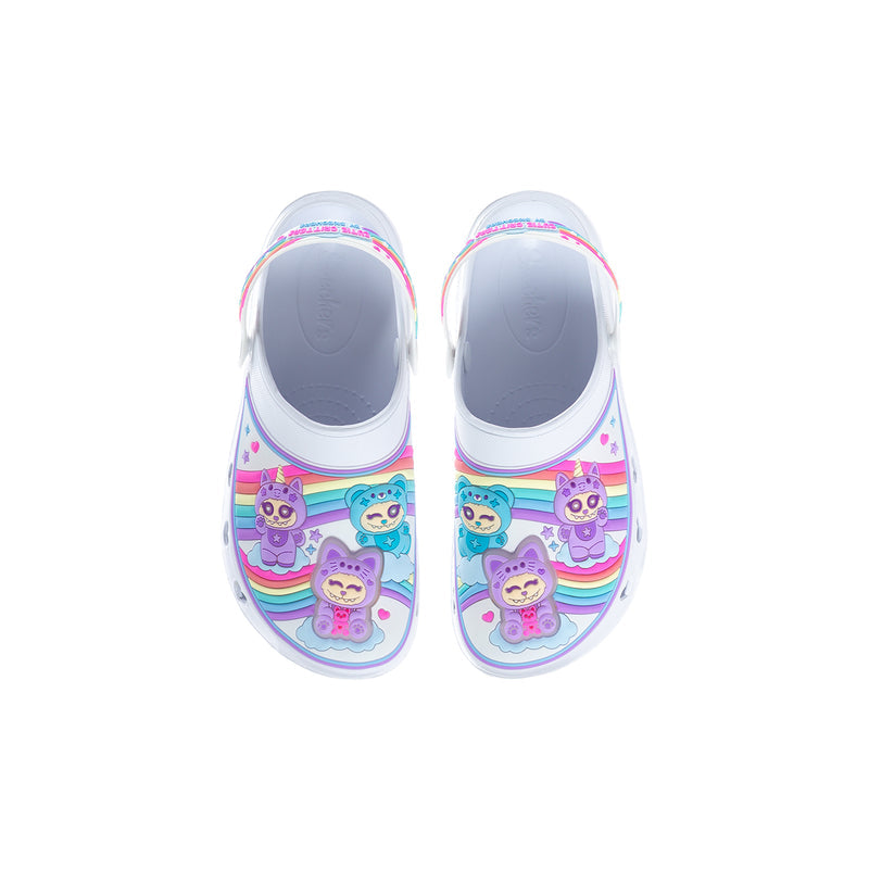 Youth slip-on clog shoes, white top openings with rainbow cartoon graphic upper