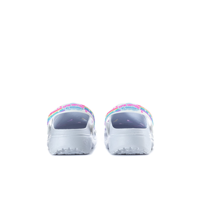 Youth clog shoes with white heel and multi-color trim, rear view