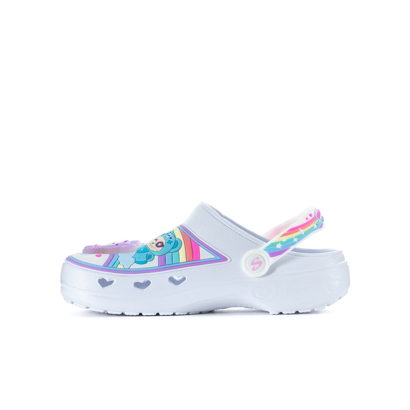 Youth clog shoes with rainbow-striped upper and white platform sole, side view