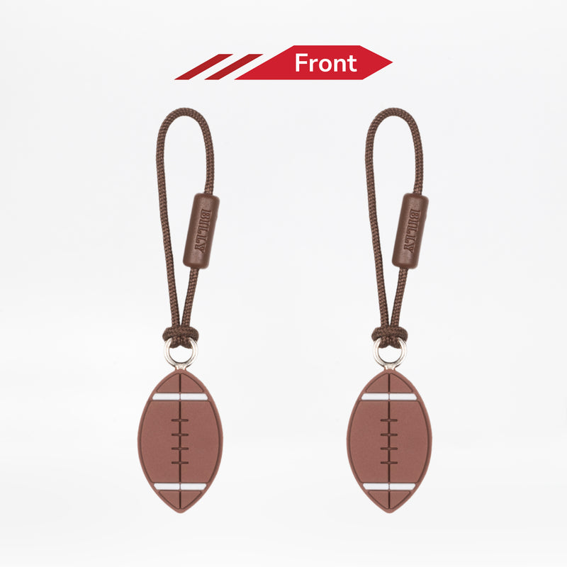 Two brown football-shaped zipper pulls on a white background with 'Front' label.