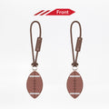 Two brown football-shaped zipper pulls on a white background with 'Front' label.