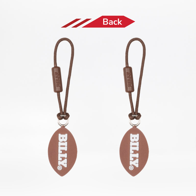 Reverse side. Two brown zipper pulls with 'BILLY' logo on back