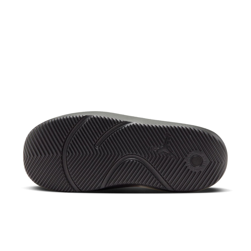 Men's slide sandal outsole, textured black rubber tread with circular grip