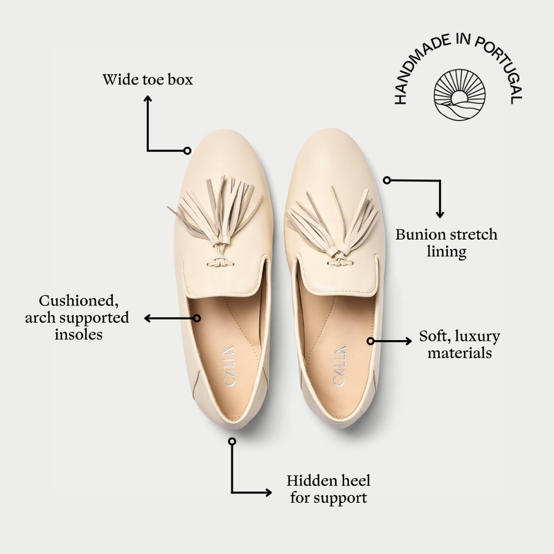 Beige loafers with features highlighted on a white background