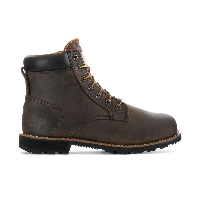 Brown 6-inch lace-up boot with round eyelets, padded collar, rugged outsole