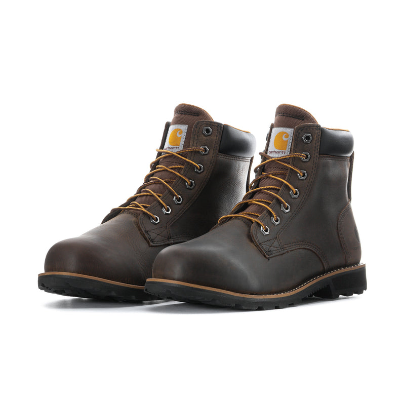 Pair of brown 6-inch boots, lace-up front view with orange logo patch