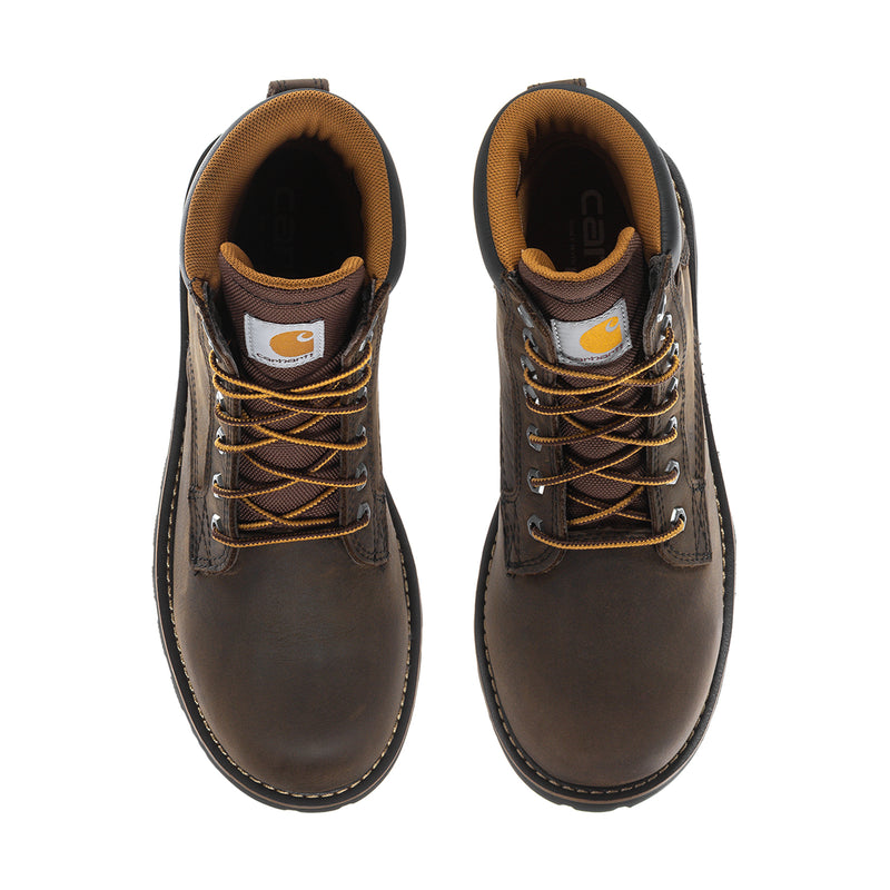 Brown 6-inch lace-up boots, front view showing yellow-brown laces and stitching