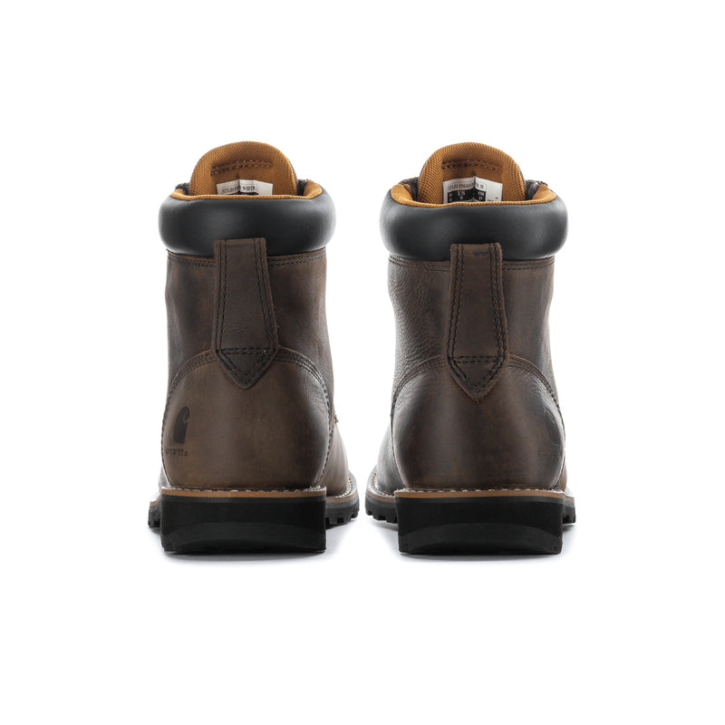 Brown mens 6-inch boots, back view with padded heel and lace-up shaft