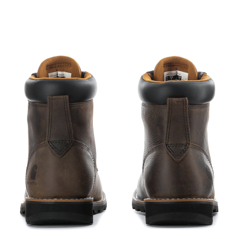 Brown mens 6-inch boots, rear view with padded collar and ankle strap