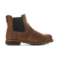 Men's brown Chelsea work boot with elastic side panels and rugged tread sole