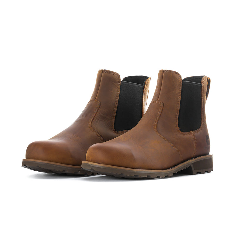 Men's brown Chelsea boot, side view, elastic gore panels and chunky outsole
