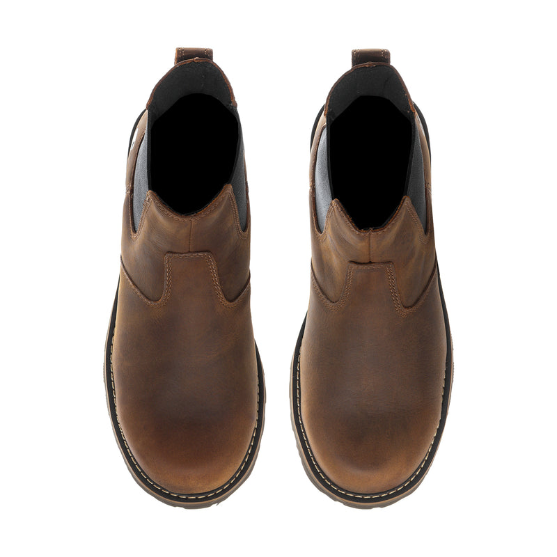 Men's brown Chelsea boot pair, open heel with black lining and stitched upper