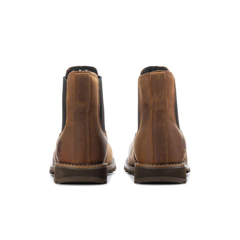 Men's brown Chelsea boot pair, rear view with elastic gore and low block heel