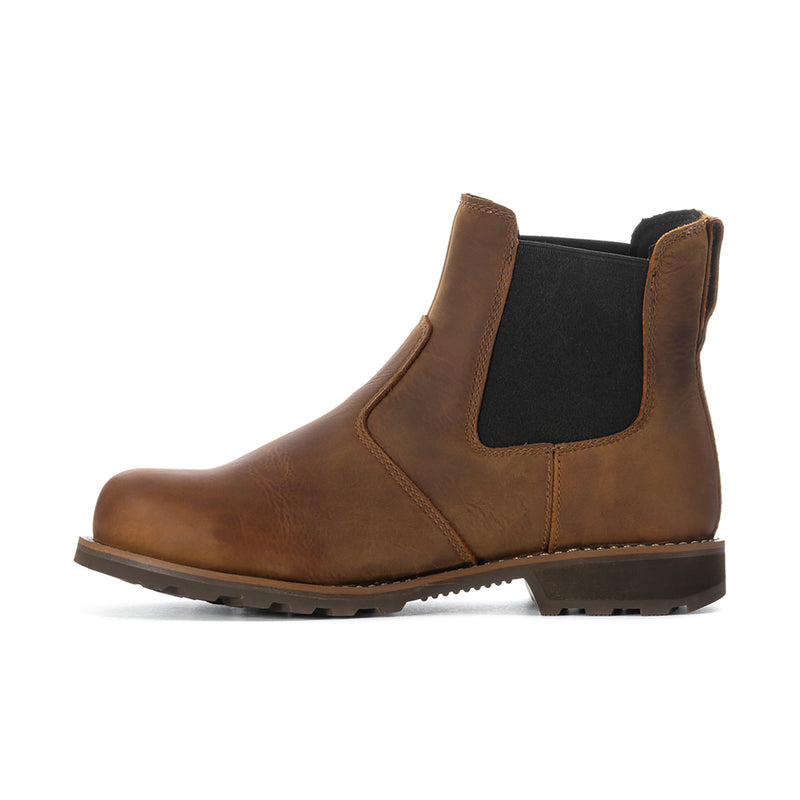 Men's brown Chelsea work boot, angled side view with elastic side panels