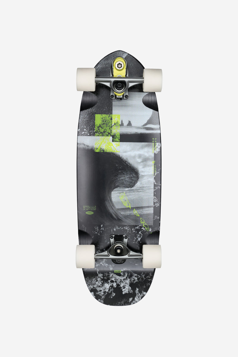 Top view of Frothy 30 Mission surf skate deck with neon color pops and printed artwork and white wheels
