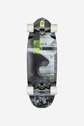 Top view of Frothy 30 Mission surf skate deck with neon color pops and printed artwork and white wheels