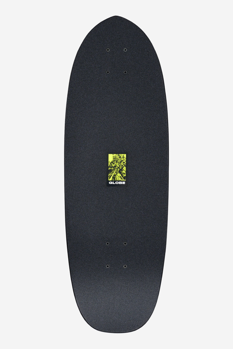 Close up of Frothy Mission deck top showing black grip surface neon yellow square graphic and Globe logo