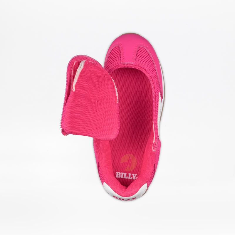 The Fuchsia BILLY Retro Jogger by BILLY Footwear is shown with the toe unzipped and flap open, revealing the branded interior and footbed. The sneaker has a white sole and is displayed against a white background.
