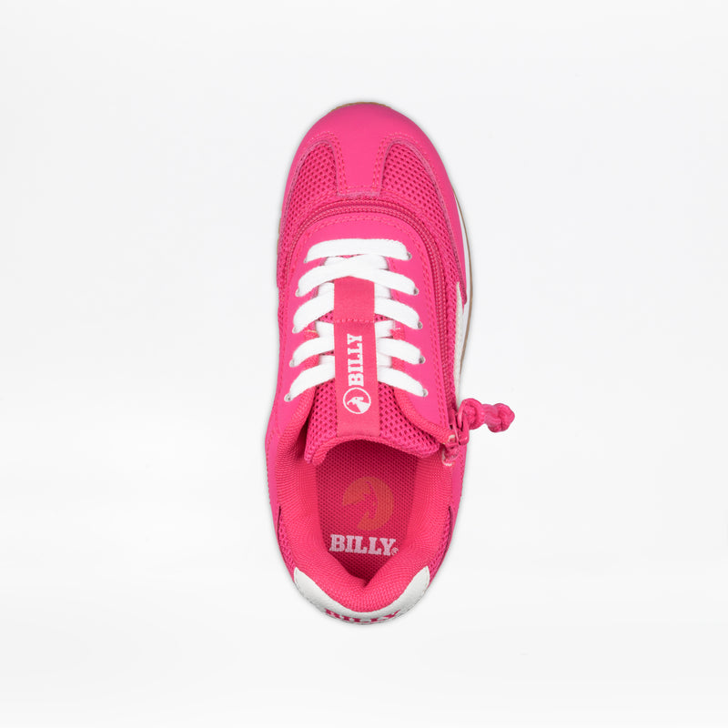 A Fuchsia BILLY Retro Jogger kids' sneaker by BILLY Footwear features white laces, a side zipper, and the BILLY logo on the tongue and insole. Shown from above on a white background.