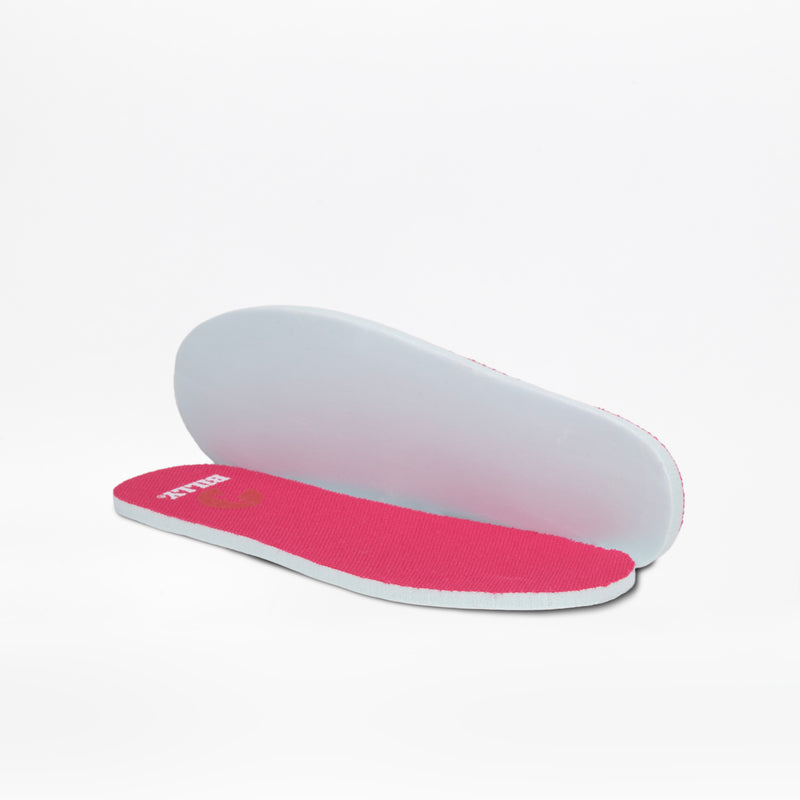 Two insoles for the Fuchsia BILLY Retro Jogger by BILLY Footwear feature bright pink tops and white bottoms. Shown on a white background, one lies flat while the other is propped up to display both sides.