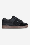 Side profile of Fusion skate shoe in black with tan gum cup sole and padded upper