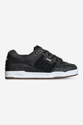 Fusion skate shoe in black with white midsole and gum outsole, side profile view