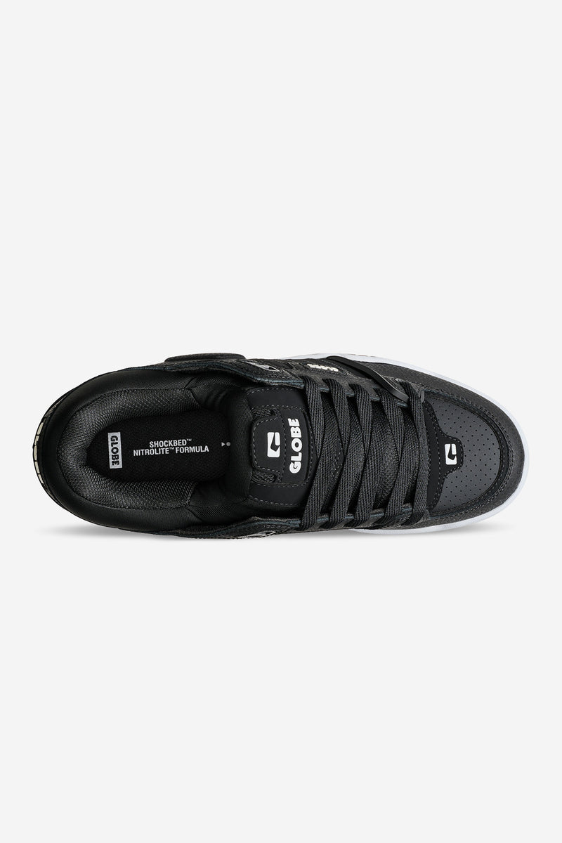 Top view of black Fusion skate shoe with laces and padded collar