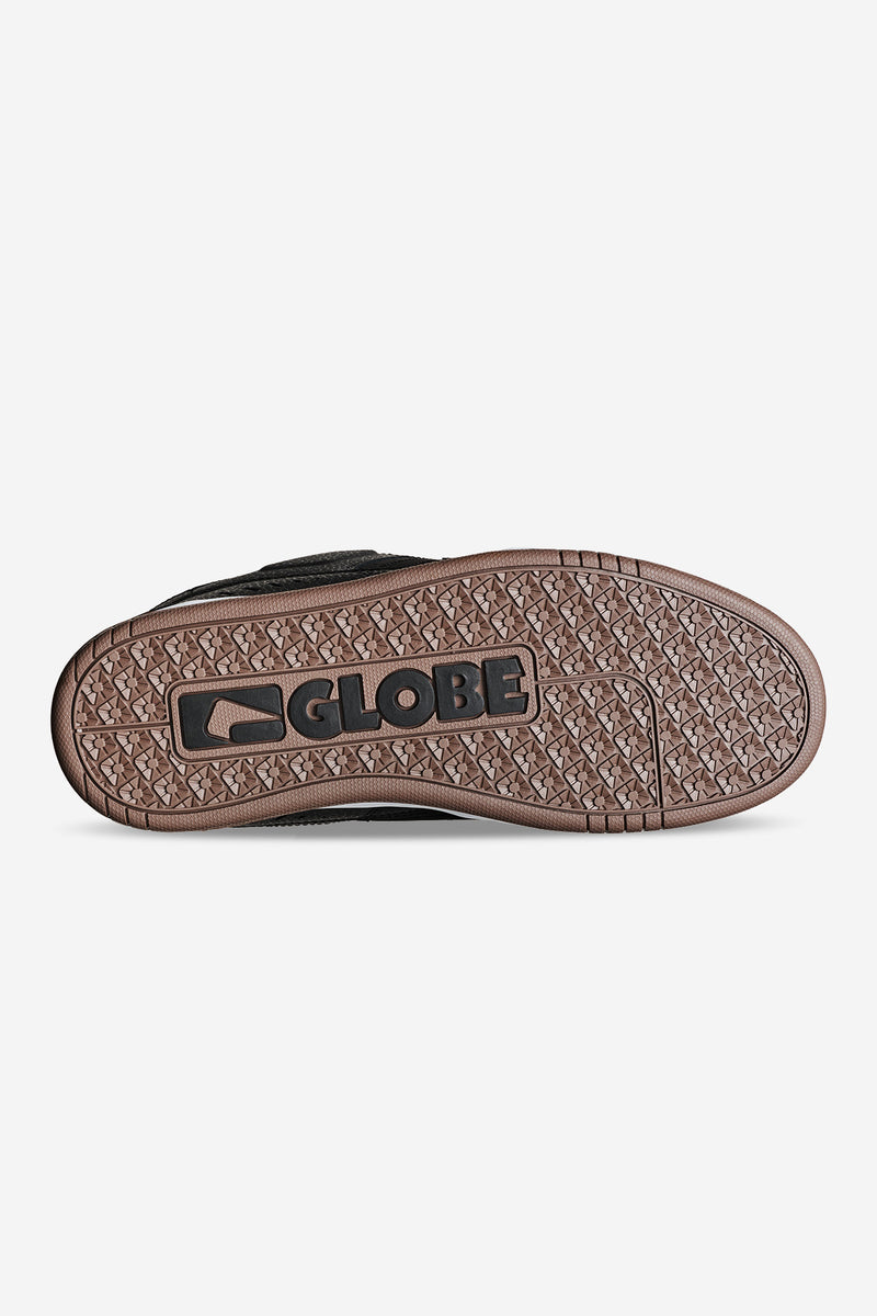Bottom view of Fusion sneaker showing patterned gum outsole and Globe logo