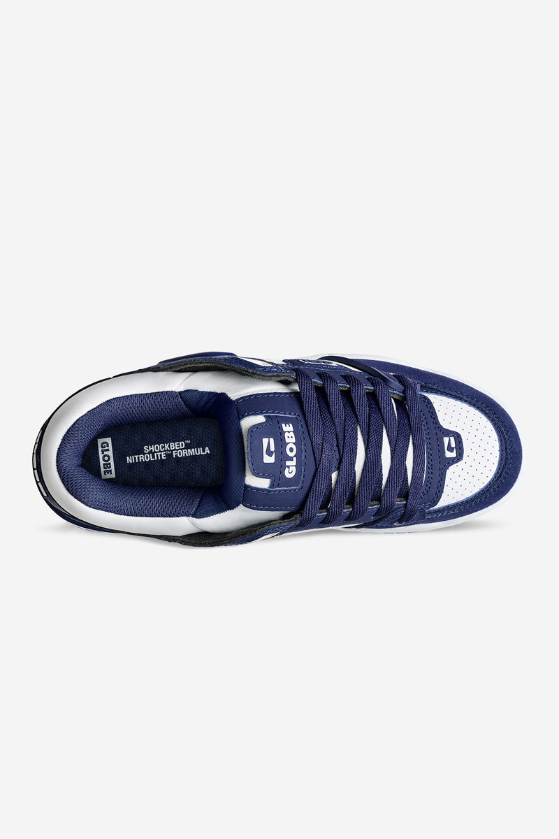 Top view of Fusion Midnight White skate shoe with navy panels and a perforated white toe