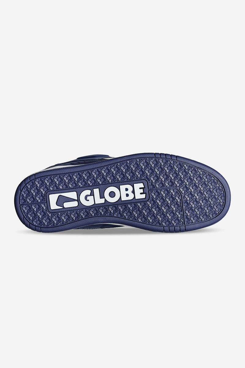 Bottom view of Fusion skate shoe sole in navy with a geometric tread and Globe logo